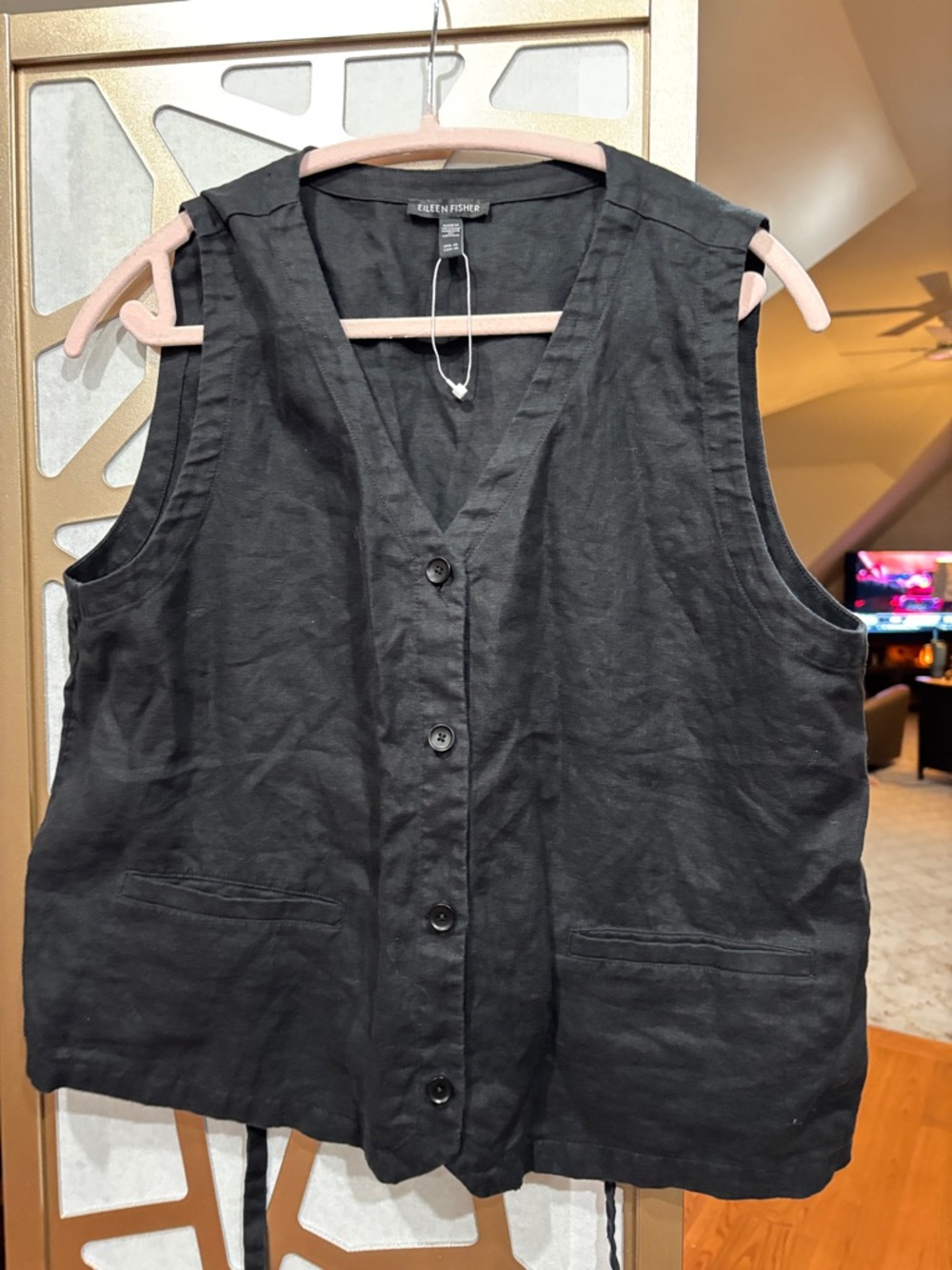 Eileen Fisher Black Linen Button-Front Vest